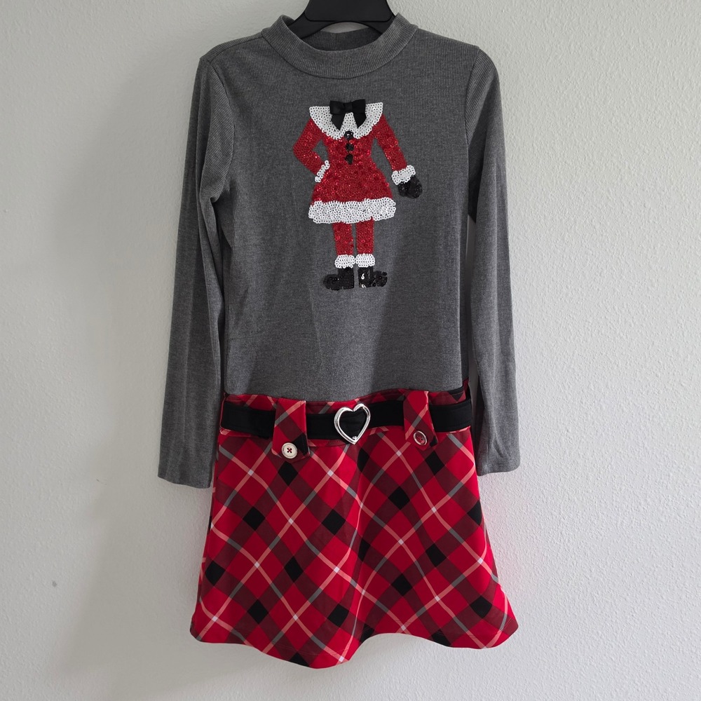 Kids Grey Red Plaid Sequin Christmas Dress size XL 14/16